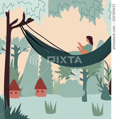 Individuals lounging in beach hammocks, enjoying summer retreats and outdoor gatherings.Relishing leisure moments or staying productive in comfortable hanging swings,embraced by the picturesque nature 102385633