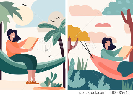 People reclining in coastal hammocks, savoring sunny and read books and alfresco . Delighting in downtime or maintaining efficiency while nestled in snug suspended seats. Vector People reclining in coastal hammocks, savoring sunny and read books and alfresco . Delighting in downtime or maintaining efficiency while nestled in snug suspended seats. Vector 102385643