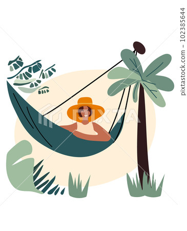 Young woman in a hat reclining in coastal hammocks, savoring sunny and alfresco. Relishing leisure moments or staying productive. Concept vacation and happiness. Vector 102385644