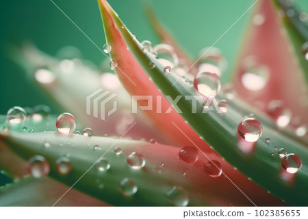 Fresh Aloe vera with droplets on pink background. Generative AI illustration Fresh Aloe vera with droplets on pink background. Generative AI illustration 102385655