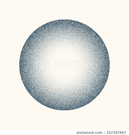 Round shaped dotted object, vintage stipple element. Fading gradient. Stippling, dotwork drawing, shading using dots. Halftone disintegration effect. White noise grainy texture. Vector illustration Round shaped dotted object, vintage stipple element. Fading gradient. Stippling, dotwork drawing, shading using dots. Halftone disintegration effect. White noise grainy texture. Vector illustration 102385963