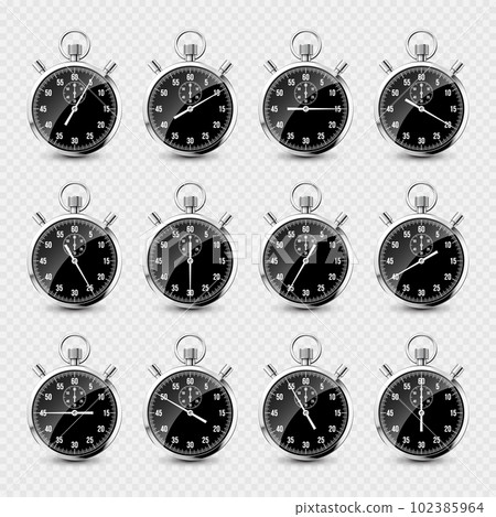 Realistic classic stopwatch. Shiny metal chronometer, time counter with dial. Countdown timer showing minutes and seconds. Time measurement for sport, start and finish. Vector illustration Realistic classic stopwatch. Shiny metal chronometer, time counter with dial. Countdown timer showing minutes and seconds. Time measurement for sport, start and finish. Vector illustration 102385964