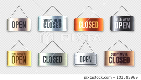 Brushed metal Open and Closed hanging signboards. Vintage door sign for cafe, restaurant, bar or retail store. Announcement banner, information signage for business or service. Vector illustration Brushed metal Open and Closed hanging signboards. Vintage door sign for cafe, restaurant, bar or retail store. Announcement banner, information signage for business or service. Vector illustration 102385969