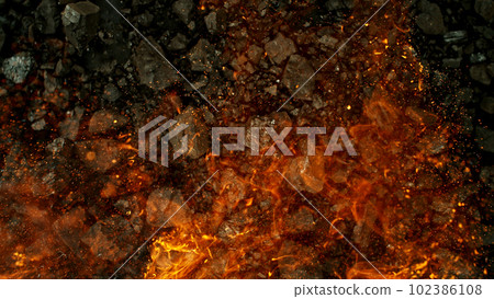 Burning coal with fire, top view shot. 102386108