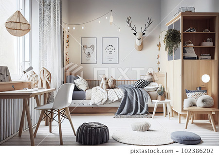 Scandinavian interior design of playroom with wooden cabinet, armchairs, Spacious child room with window, play tent, sack chair, poster mockup, Generative AI Scandinavian interior design of playroom with wooden cabinet, armchairs, Spacious child room with window, play tent, sack chair, poster mockup, Generative AI 102386202
