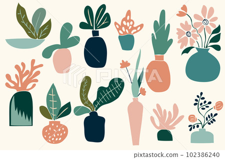 Unusual plants in pots in modernist style. Set of abstract cactus and leaves inspired by impressionism Unusual plants in pots in modernist style. Set of abstract cactus and leaves inspired by impressionism 102386240