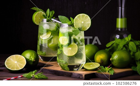A glass of mojito and lemon. Table, fruit, professional background 102386276