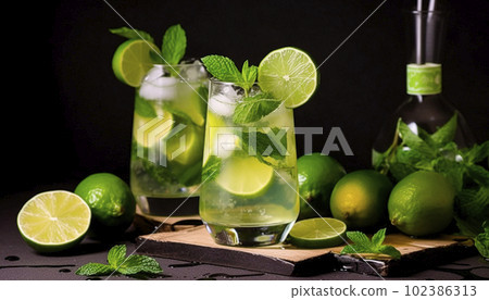 A glass of mojito and lemon. Table, fruit, professional background A glass of mojito and lemon. Table, fruit, professional background 102386313