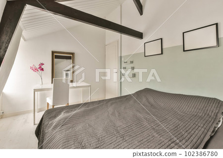 a bedroom with a bed, dresser and mirror on the wall in front of the bed is black and white a bedroom with a bed, dresser and mirror on the wall in front of the bed is black and white 102386780