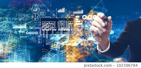 Digital Wallet theme with businessman in a bokeh neon light trails city background 102386784