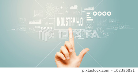 Industry 4.0 theme with hand pressing a button 102386851