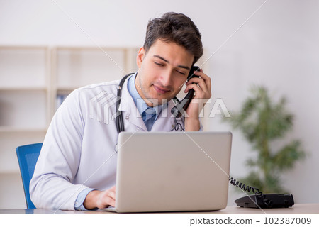 Young male doctor in telemedicine concept 102387009