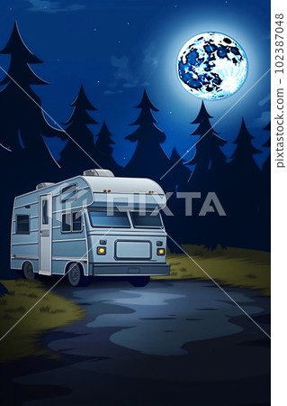 illustration of a camper in the forest at night with moon. Generative AI illustration of a camper in the forest at night with moon. Generative AI 102387048