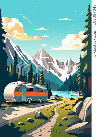 Camping trailer on the road in the mountains illustration. Generative AI 102387049