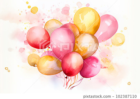 Illustration of colorful balloons with watercolor splashes on white background. Generative AI Illustration of colorful balloons with watercolor splashes on white background. Generative AI 102387110