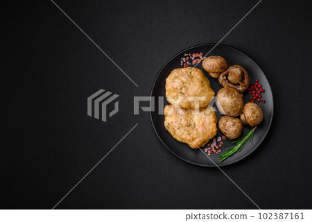 Delicious fried chopped fillet pancakes with spices, salt and herbs 102387161