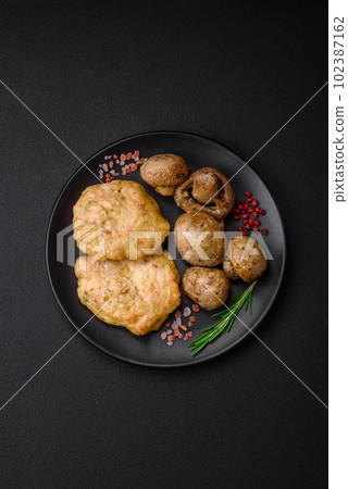 Delicious fried chopped fillet pancakes with spices, salt and herbs 102387162