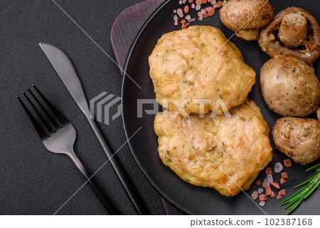 Delicious fried chopped fillet pancakes with spices, salt and herbs 102387168