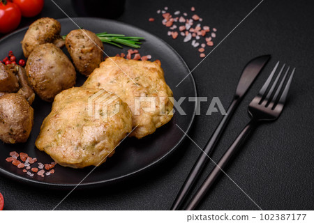 Delicious fried chopped fillet pancakes with spices, salt and herbs 102387177