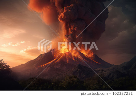 Massive volcano eruption. A large volcano erupting lava and gases into the atmosphere. Generative AI Massive volcano eruption. A large volcano erupting lava and gases into the atmosphere. Generative AI 102387251