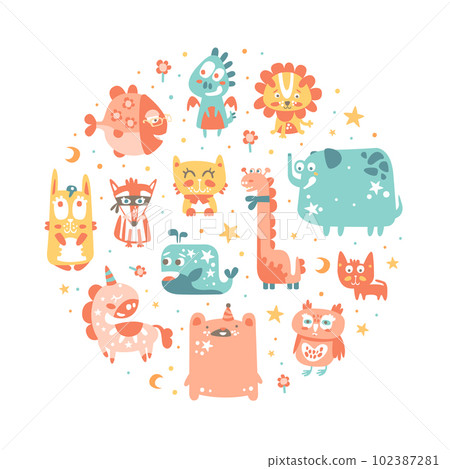 Funny Kids Fantastic Animal Character Arranged in Circle Vector Template Funny Kids Fantastic Animal Character Arranged in Circle Vector Template 102387281