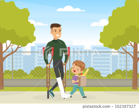 Polite little boy helping disabled man carry shopping bag. Well mannered kid, good manners and respect cartoon vector 102387327