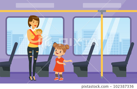 Polite little girl offering seat in transport to young woman with baby. Well mannered kid, good manners and respect cartoon vector 102387336