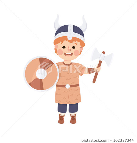 Little Boy Actor in Theater Costume of Viking with Shield and Axe Showing Performance Vector Illustration Little Boy Actor in Theater Costume of Viking with Shield and Axe Showing Performance Vector Illustration 102387344