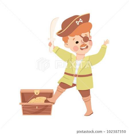Little Boy Actor in Theater Costume of Pirate with Sword Showing Performance Vector Illustration 102387350