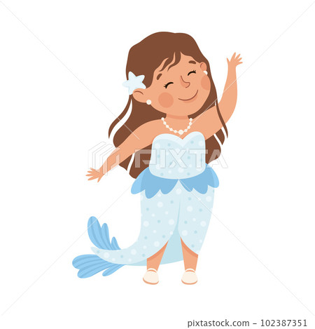 Little Girl Actress in Theater Costume of Mermaid with Fish Tail Showing Performance Vector Illustration 102387351