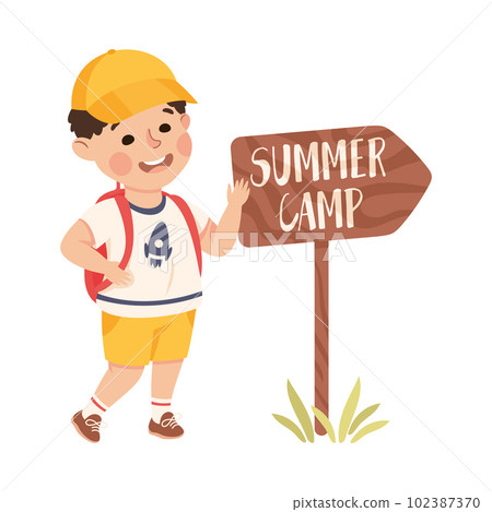 Cute boy camping on nature. Happy kid playing outdoors cartoon vector illustration Cute boy camping on nature. Happy kid playing outdoors cartoon vector illustration 102387370