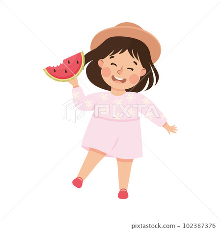 Happy little girl eating watermelon cartoon vector illustration 102387376