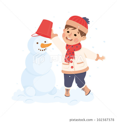 Adorable little boy making snowman. Happy kid playing outdoors cartoon vector illustration Adorable little boy making snowman. Happy kid playing outdoors cartoon vector illustration 102387378