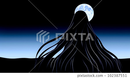 girl with long Black hair on the background of the moon and sky. Esoteric concept and astrology. Generative AI girl with long Black hair on the background of the moon and sky. Esoteric concept and astrology. Generative AI 102387551