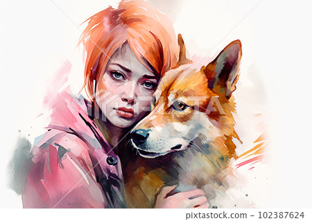 Beautiful girl with dog. Digital watercolor painting on canvas. Generative AI 102387624