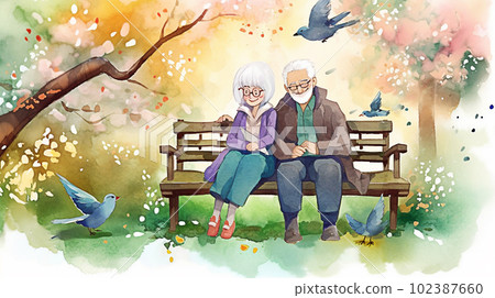 Elderly couple sitting on a bench in the park. watercolor illustration. Generative AI 102387660