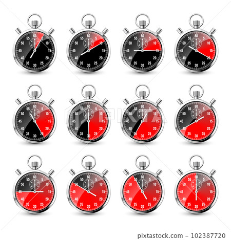 Realistic classic stopwatch. Shiny metal chronometer, time counter with dial. Red countdown timer showing minutes and seconds. Time measurement for sport, start and finish. Vector illustration Realistic classic stopwatch. Shiny metal chronometer, time counter with dial. Red countdown timer showing minutes and seconds. Time measurement for sport, start and finish. Vector illustration 102387720