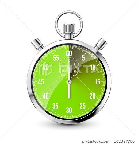 Realistic classic stopwatch. Shiny metal chronometer, time counter with dial. Green countdown timer showing minutes and seconds. Time measurement for sport, start and finish. Vector illustration 102387796