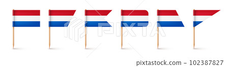 Realistic various Dutch toothpick flags. Souvenir from Netherlands. Wooden toothpicks with paper flag. Location mark, map pointer. Blank mockup for advertising and promotions. Vector illustration 102387827