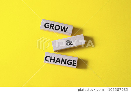Grow and Change symbol. Concept word Grow and Change on wooden blocks. Beautiful yellow background. Business and Grow and Change concept. Copy space Grow and Change symbol. Concept word Grow and Change on wooden blocks. Beautiful yellow background. Business and Grow and Change concept. Copy space 102387983