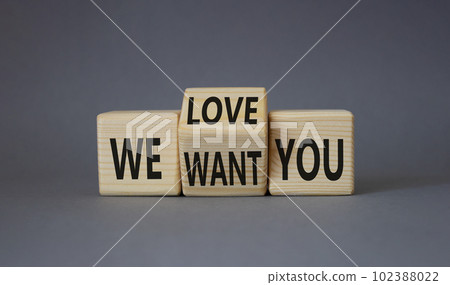 We love and want You symbol. Turned wooden cubes with words We want you and We love you. Beautiful grey background. Business and We love and want You concept. Copy space We love and want You symbol. Turned wooden cubes with words We want you and We love you. Beautiful grey background. Business and We love and want You concept. Copy space 102388022