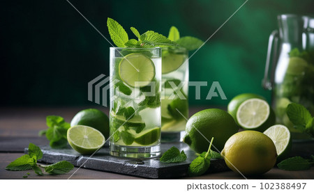 summer background with glasses of mojito and lime summer background with glasses of mojito and lime 102388497