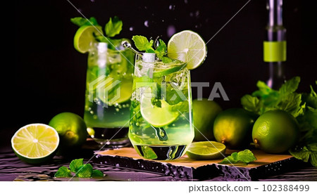 A glass of mojito and lemon. Table, fruit, professional background A glass of mojito and lemon. Table, fruit, professional background 102388499
