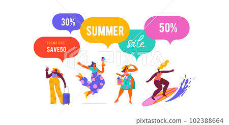 Summer festival, summer sale poster, modern style characters, people at summer. Swimming, traveling 102388664