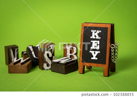 KEY, Keep Educating Yourself Concept. Miniature chalkboard and alphabet blocks on a green background 102388855