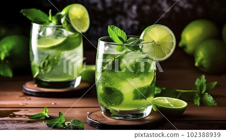 A glass of mojito and lemon. Table, fruit, professional background A glass of mojito and lemon. Table, fruit, professional background 102388939