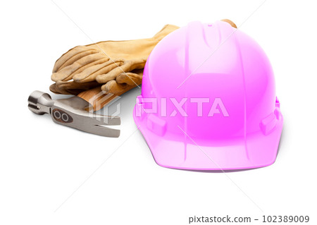 Pink Safety Construction Hard Hat, Hammer and Leather Gloves Isolated on a White Background. 102389009