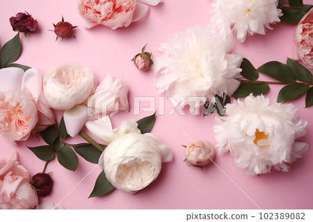 Peonies, roses on pink background with copy space. Abstract natural floral frame layout with text space. Romantic feminine composition. Wedding invitation. International Women day, Mother Day concept Peonies, roses on pink background with copy space. Abstract natural floral frame layout with text space. Romantic feminine composition. Wedding invitation. International Women day, Mother Day concept 102389082
