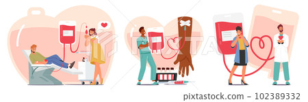 Set Characters Donate Blood To Help Others In Need. Process Involves Giving A Blood Sample Vector Illustration 102389332