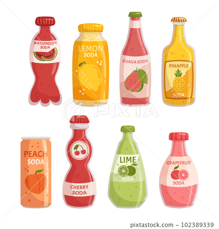 Refreshing Set Of Lemonade Bottles, Perfect For A Summer Day. Featuring Vibrant Colors And Labels, Vector Illustration Refreshing Set Of Lemonade Bottles, Perfect For A Summer Day. Featuring Vibrant Colors And Labels, Vector Illustration 102389339